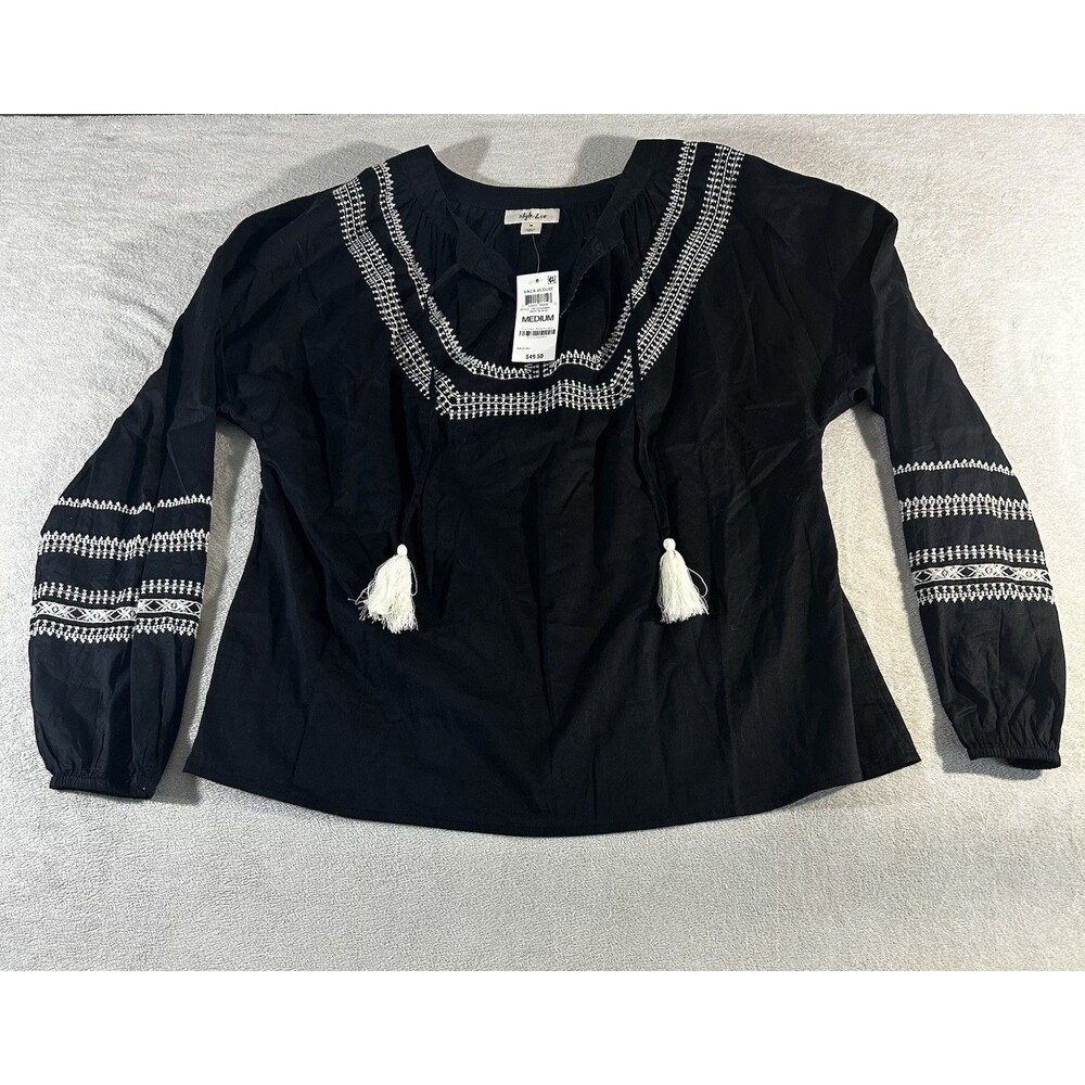 Style & Co Vaca Blouse Sz Med Women’s Cottagecore Peasant Tassels Lagenlook